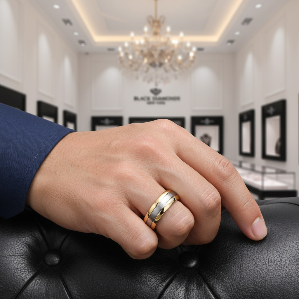 Simple Men's Titanium Wedding Band-Black Diamonds New York