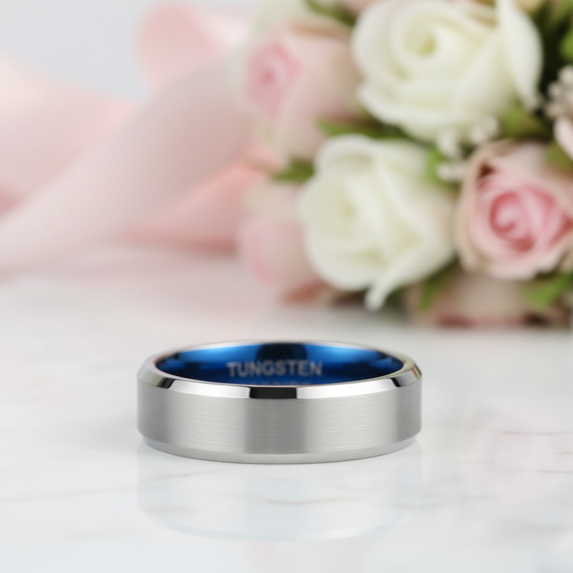 Simple Men's Tungsten Carbide Wedding Band-Black Diamonds New York