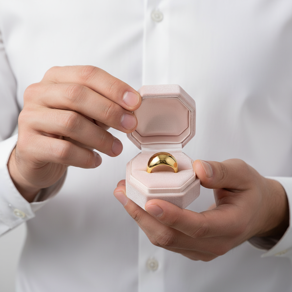 Person holding a pink jewelry box with a gold ring inside, wearing a white shirt.