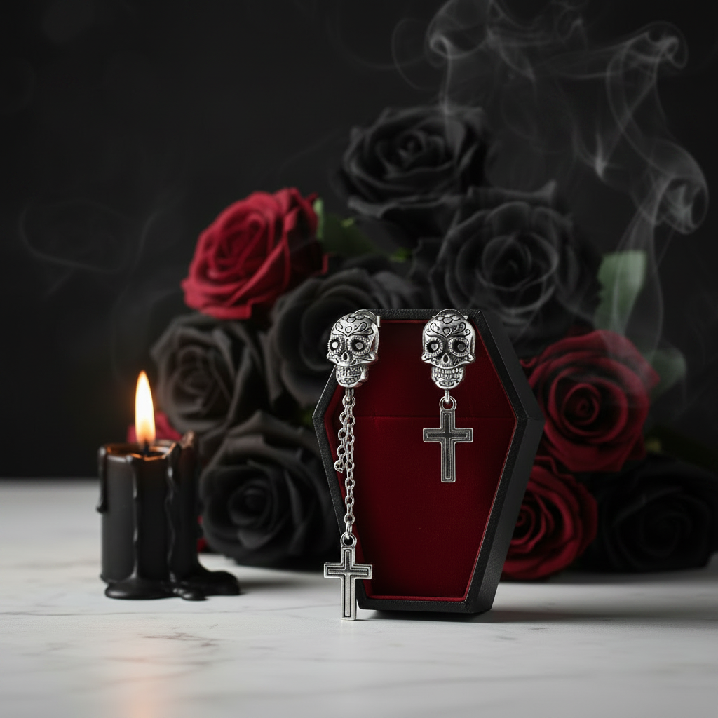 Silver earrings with cross designs in front of black and red roses and a candle.