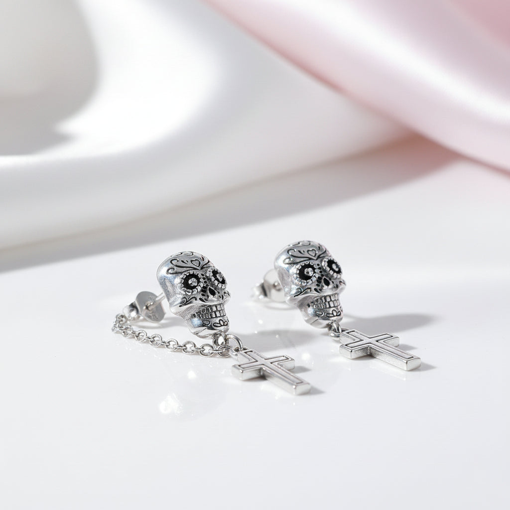 Simple Punk Skull & Skeleton Stud Earrings-Black Diamonds New York