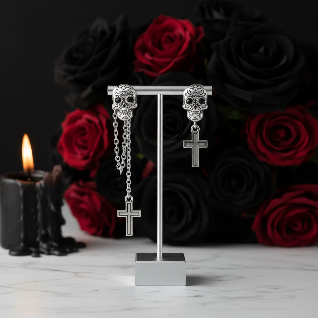 Silver skull and cross earrings on a stand with red roses and a candle in the background