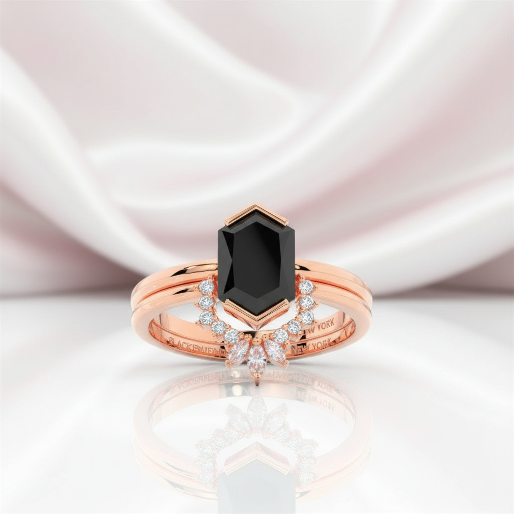 Sincerity - Hexagon Cut Diamond 14k Rose Gold Wedding Ring-Black Diamonds New York