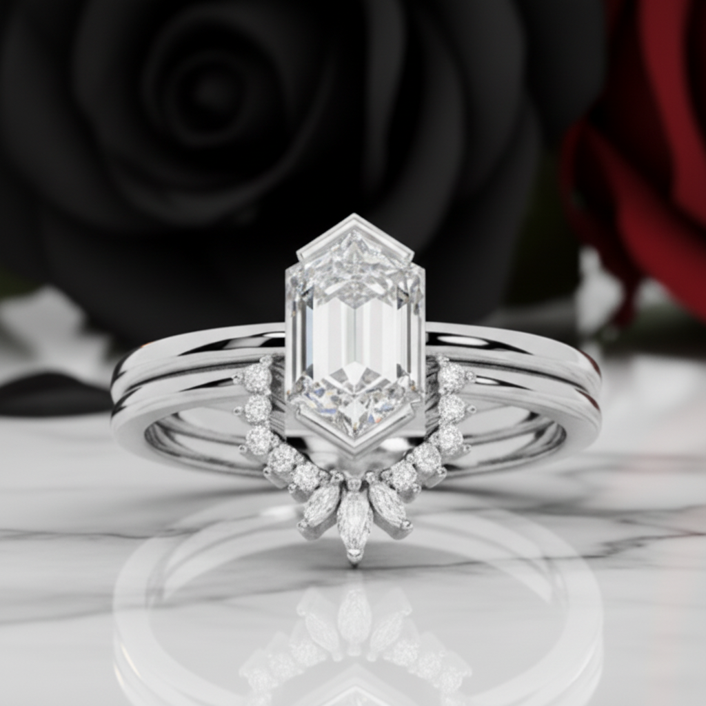 Sincerity - Hexagon Cut Diamond Option 14k Rose Gold Wedding Ring-Black Diamonds New York