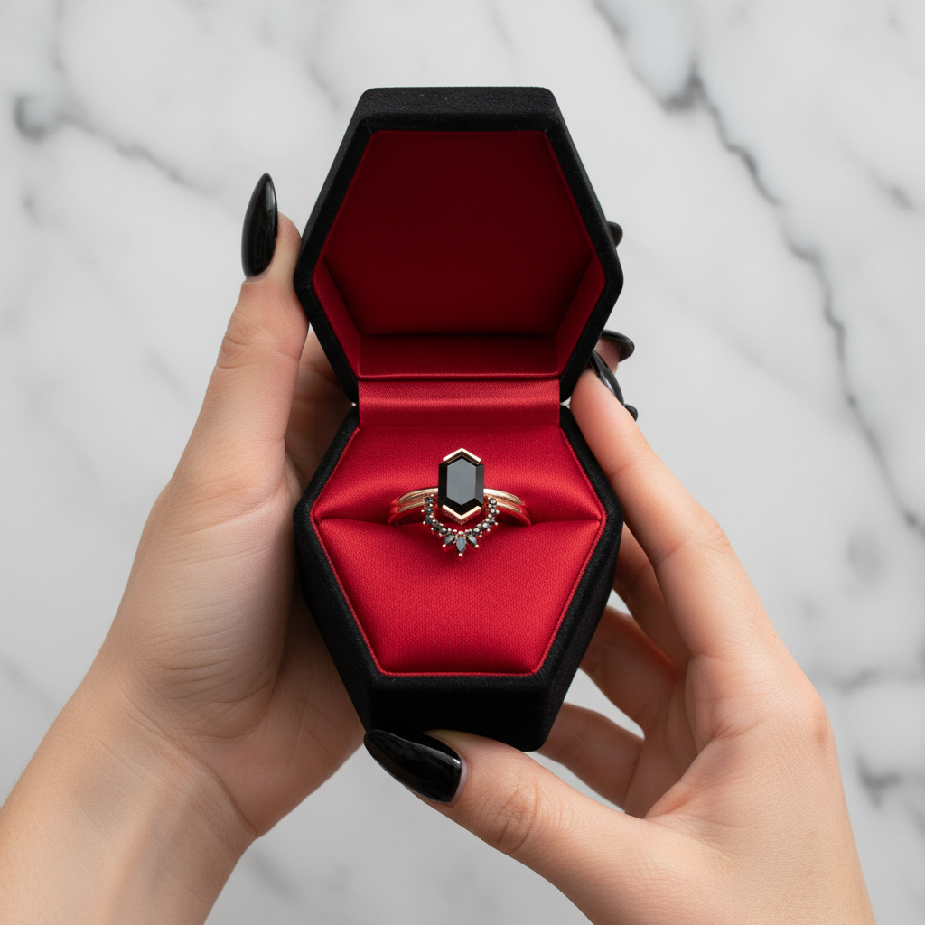 Sincerity - Hexagon Cut Diamond Option 14k Rose Gold Wedding Ring-Black Diamonds New York