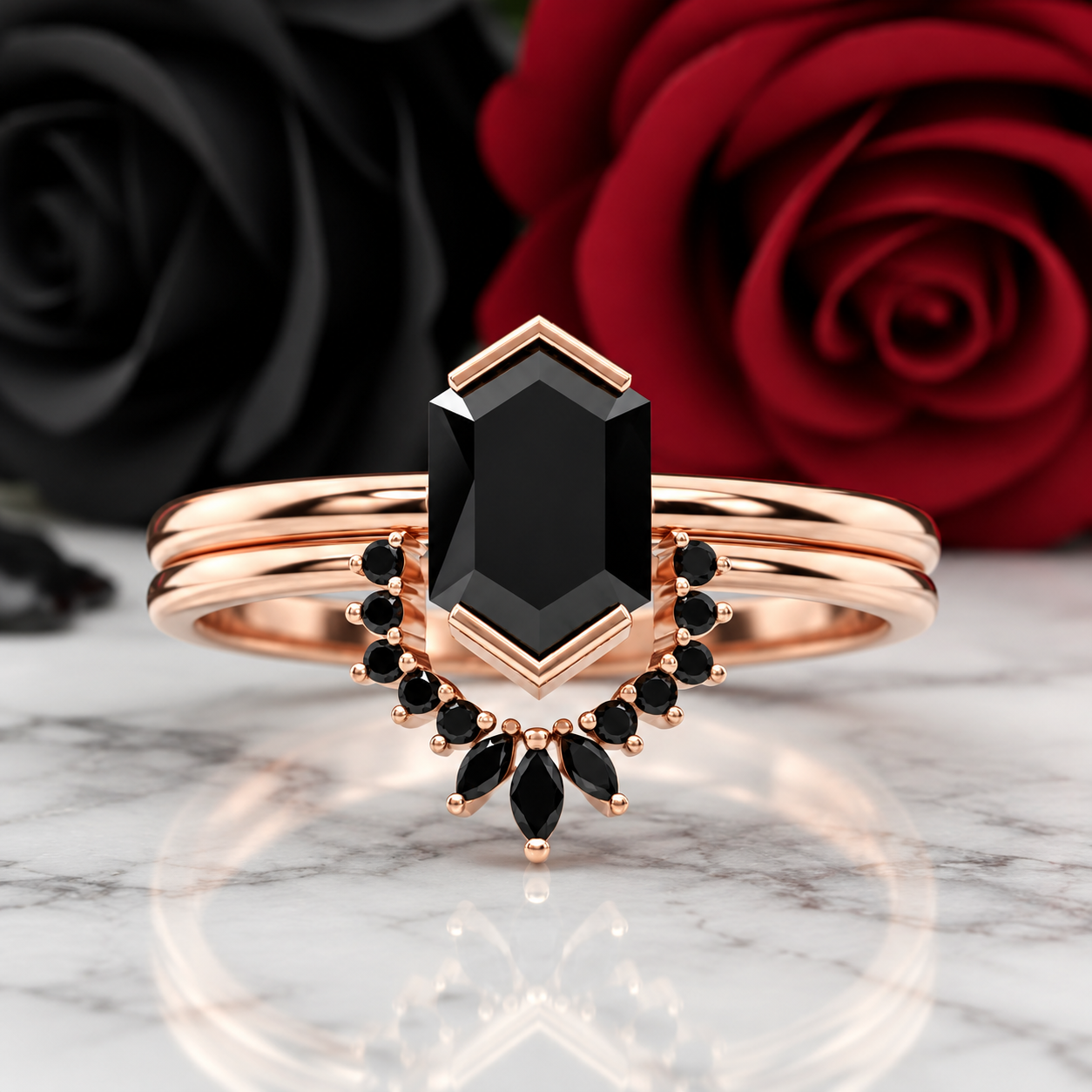 Sincerity - Hexagon Cut Diamond Option 14k Rose Gold Wedding Ring-Black Diamonds New York