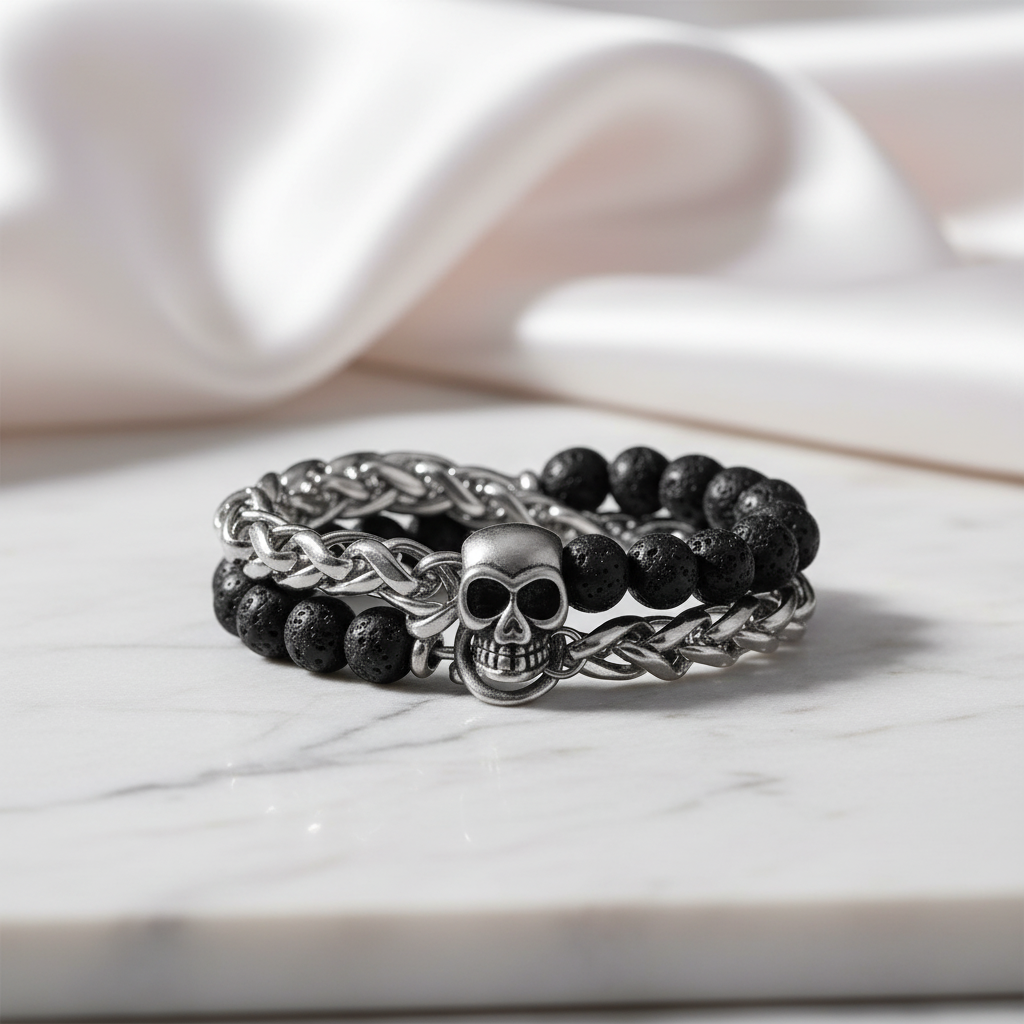 Skull Charm Double Layered Black Lava Bead Bracelet-Black Diamonds New York