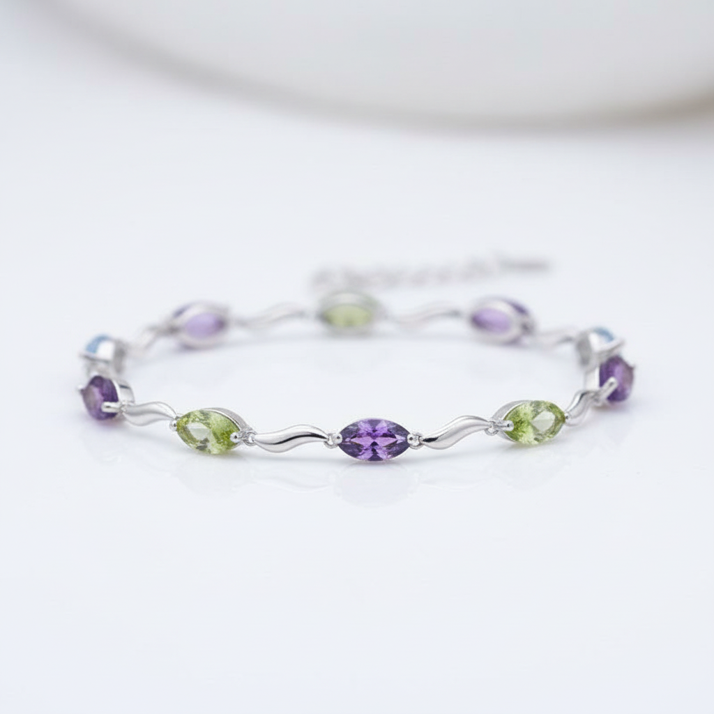 Marquise Cut Sky Blue Topaz, Peridot & Amethyst Bracelet-Black Diamonds New York