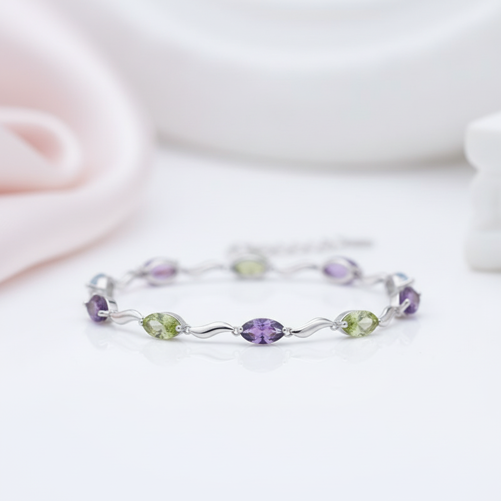 Marquise Cut Sky Blue Topaz, Peridot & Amethyst Bracelet-Black Diamonds New York