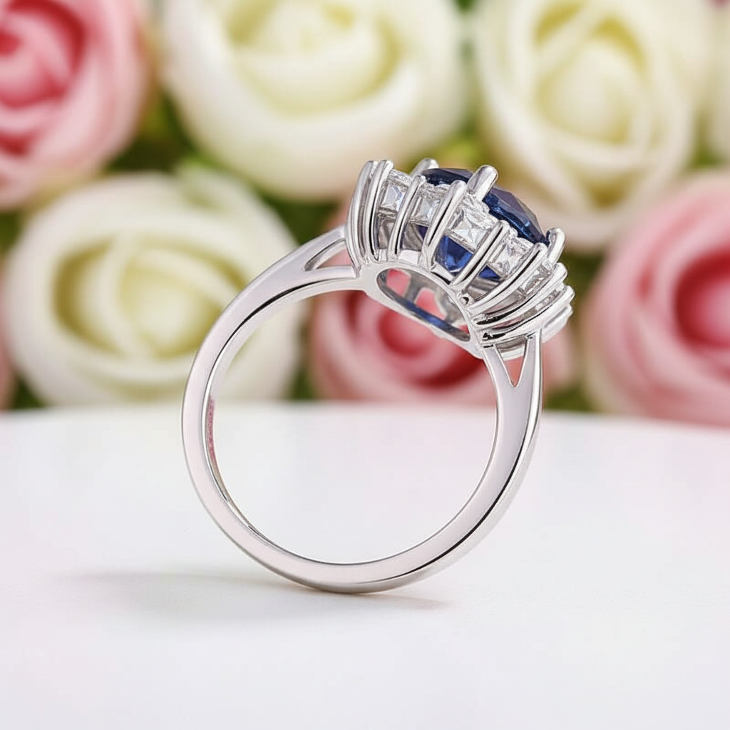 Snowflake Design Round Cut Blue Sapphire Engagement Ring-Black Diamonds New York