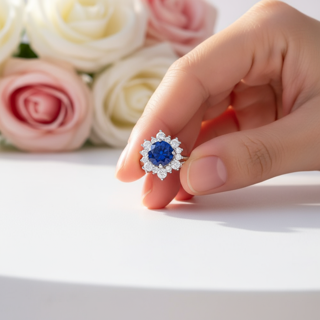 Snowflake Design Round Cut Blue Sapphire Engagement Ring-Black Diamonds New York