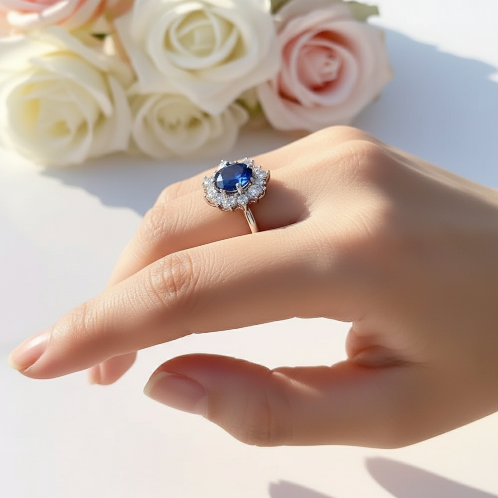 Snowflake Design Round Cut Blue Sapphire Engagement Ring-Black Diamonds New York