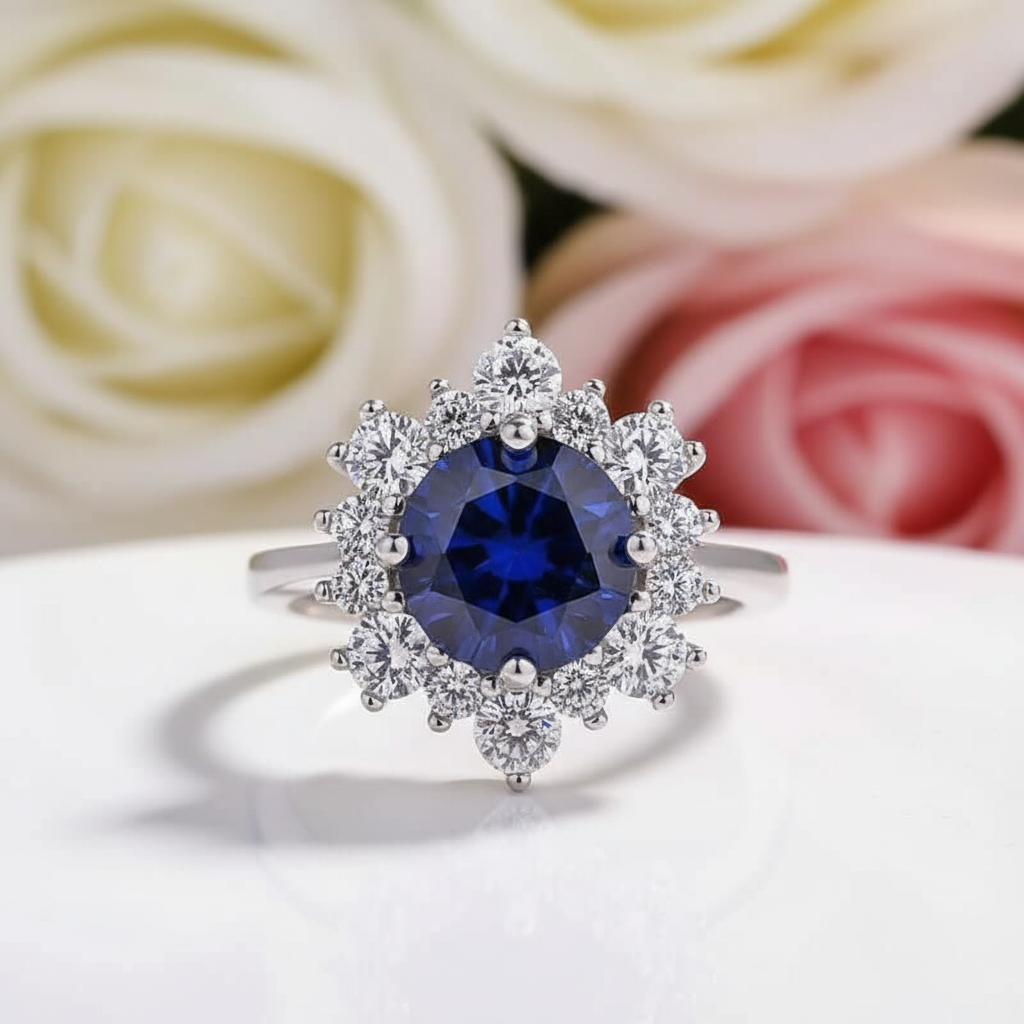 Snowflake Design Round Cut Blue Sapphire Engagement Ring-Black Diamonds New York