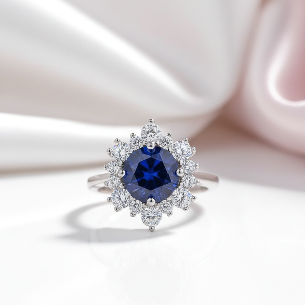 Snowflake Design Round Cut Blue Sapphire Engagement Ring-Black Diamonds New York