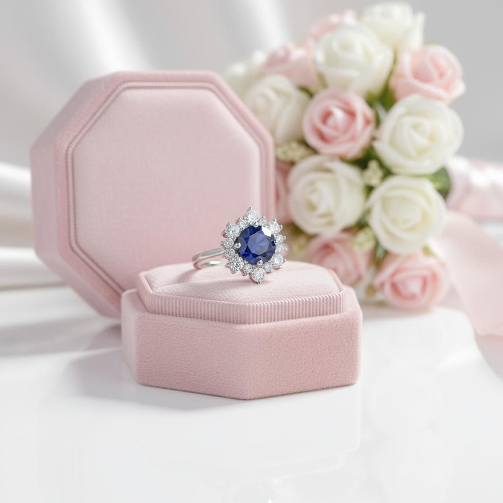 Snowflake Design Round Cut Blue Sapphire Engagement Ring-Black Diamonds New York