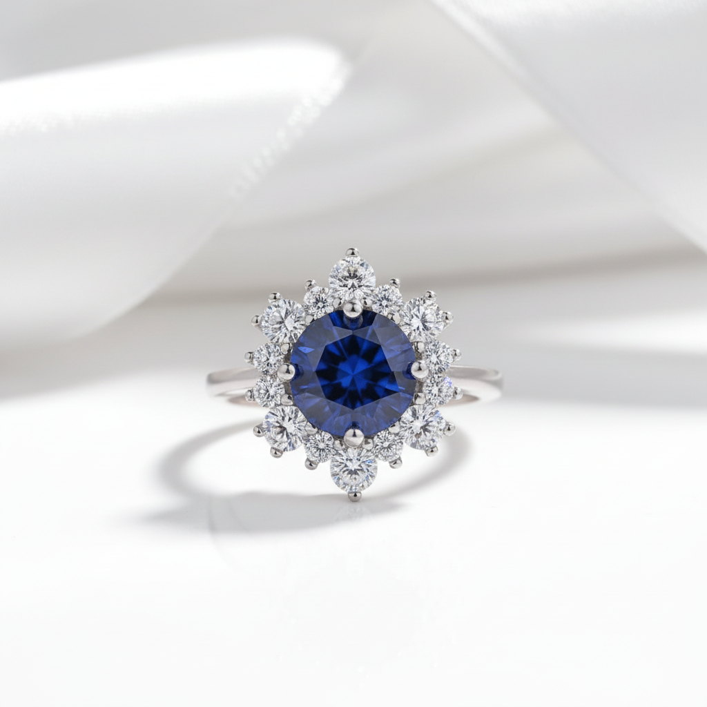 Snowflake Design Round Cut Blue Sapphire Engagement Ring-Black Diamonds New York