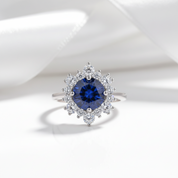 Snowflake Design Round Cut Blue Sapphire Engagement Ring-Black Diamonds New York