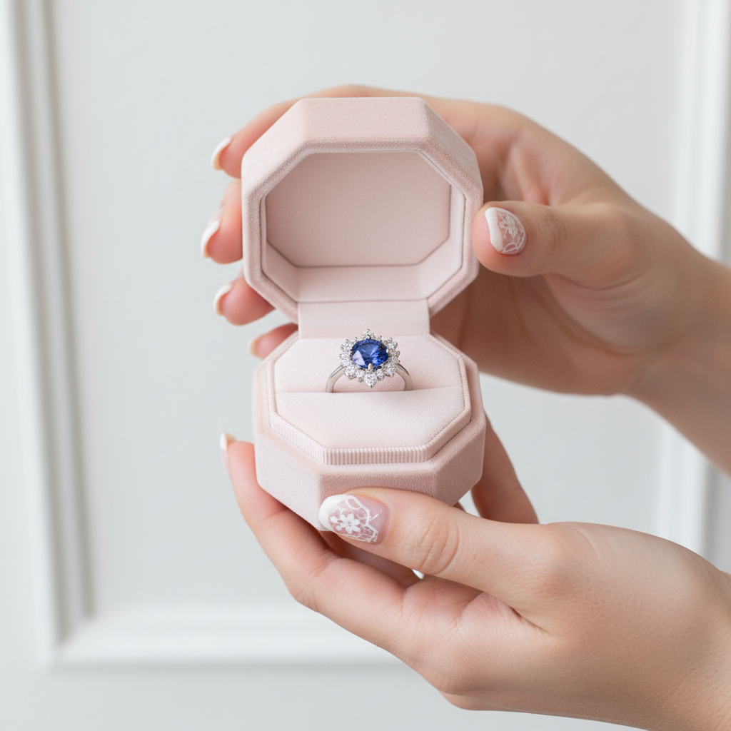 Snowflake Design Round Cut Blue Sapphire Engagement Ring-Black Diamonds New York
