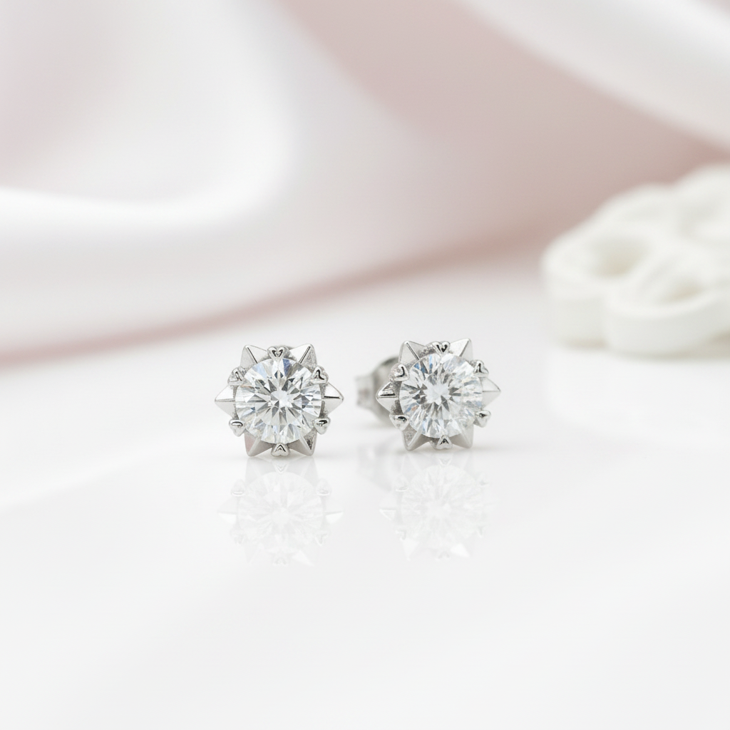 Pair of diamond stud earrings on a soft white background