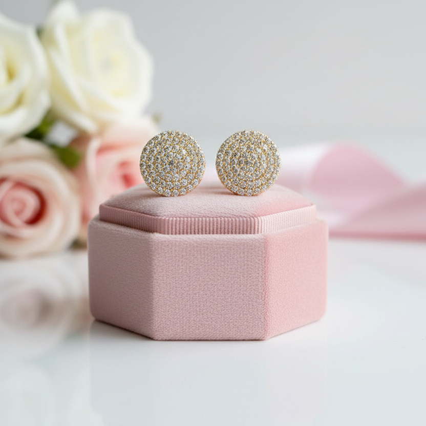 Pair of sparkling earrings on a pink jewelry box with flowers in the background