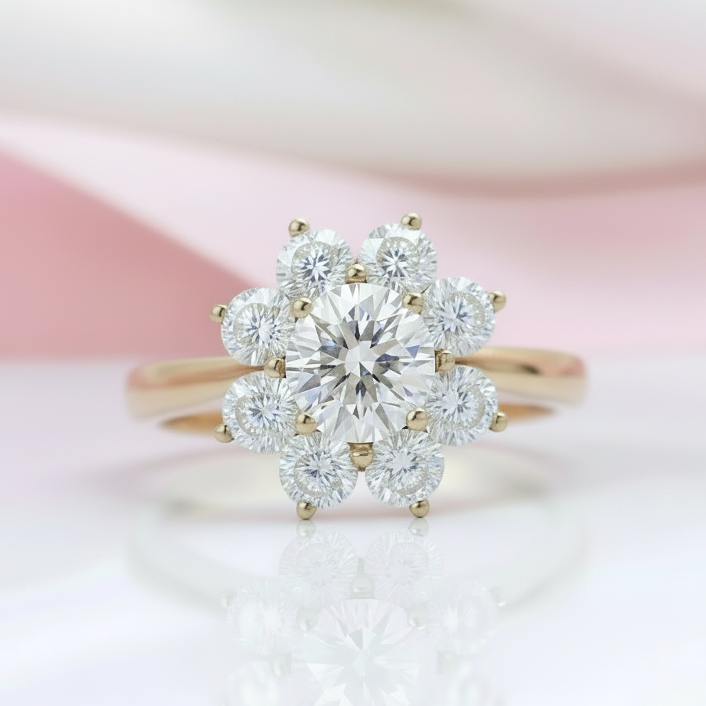 Solid 10k Yellow Gold 1ct Diamond Halo Engagement Ring-Black Diamonds New York