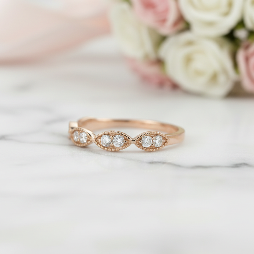 Solid 14k Rose Gold Diamond Option Milgrain Stackable Wedding Band-Black Diamonds New York