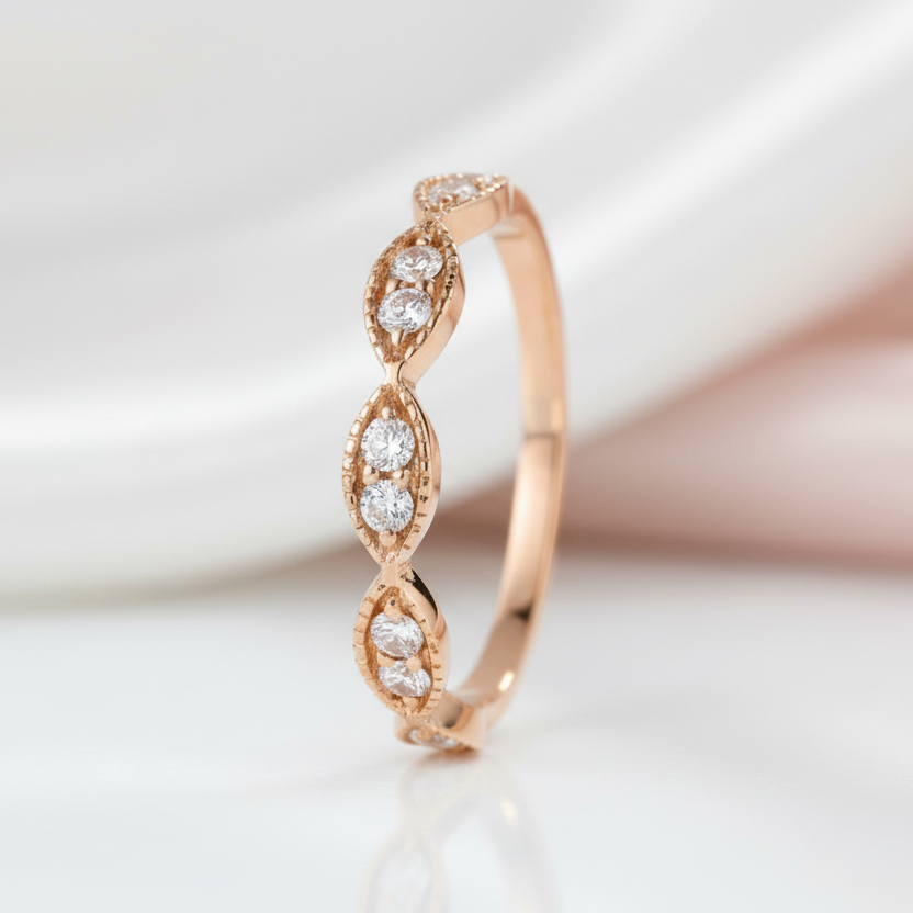 Solid 14k Rose Gold Diamond Option Milgrain Stackable Wedding Band-Black Diamonds New York