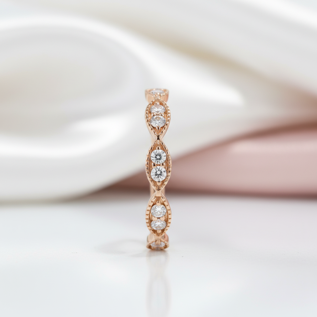 Solid 14k Rose Gold Diamond Option Milgrain Stackable Wedding Band-Black Diamonds New York