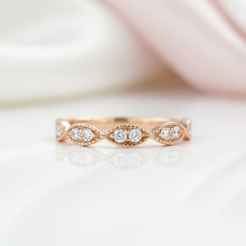 Solid 14k Rose Gold Diamond Option Milgrain Stackable Wedding Band-Black Diamonds New York