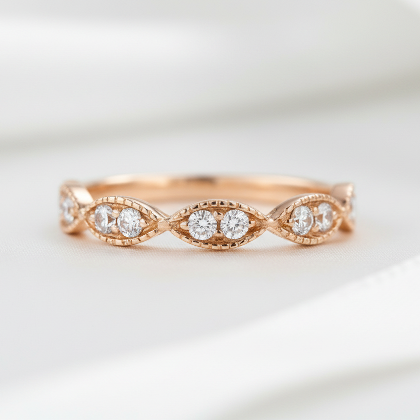 Solid 14k Rose Gold Diamond Option Milgrain Stackable Wedding Band-Black Diamonds New York