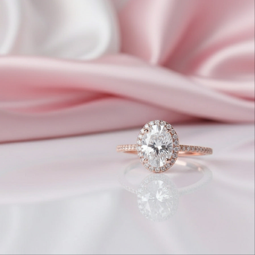 Solid 14K Rose Gold Oval Cut 1.5 Ct Diamond Halo Engagement Ring Set-Black Diamonds New York