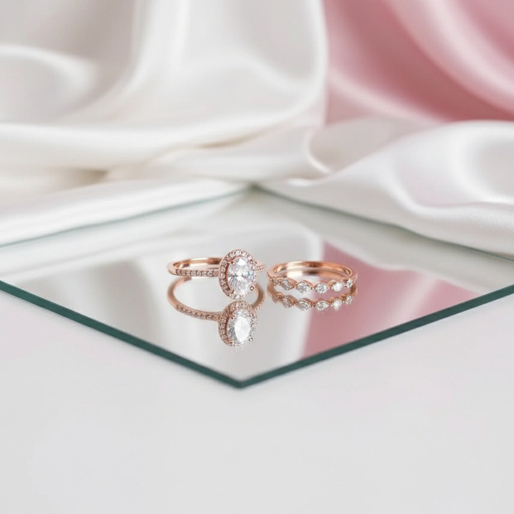 Solid 14K Rose Gold Oval Cut 1.5 Ct Diamond Halo Engagement Ring Set-Black Diamonds New York