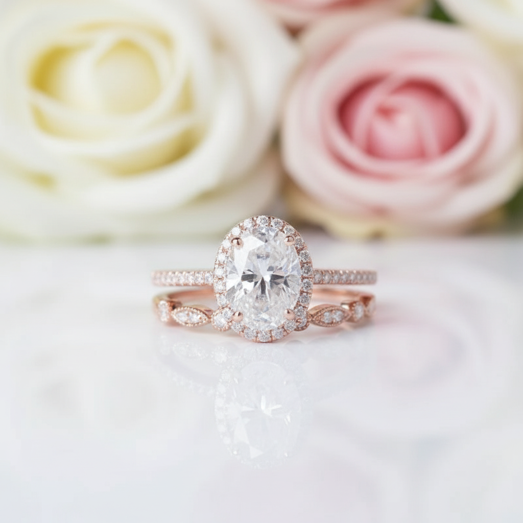 Solid 14K Rose Gold Oval Cut 1.5 Ct Diamond Halo Engagement Ring Set-Black Diamonds New York