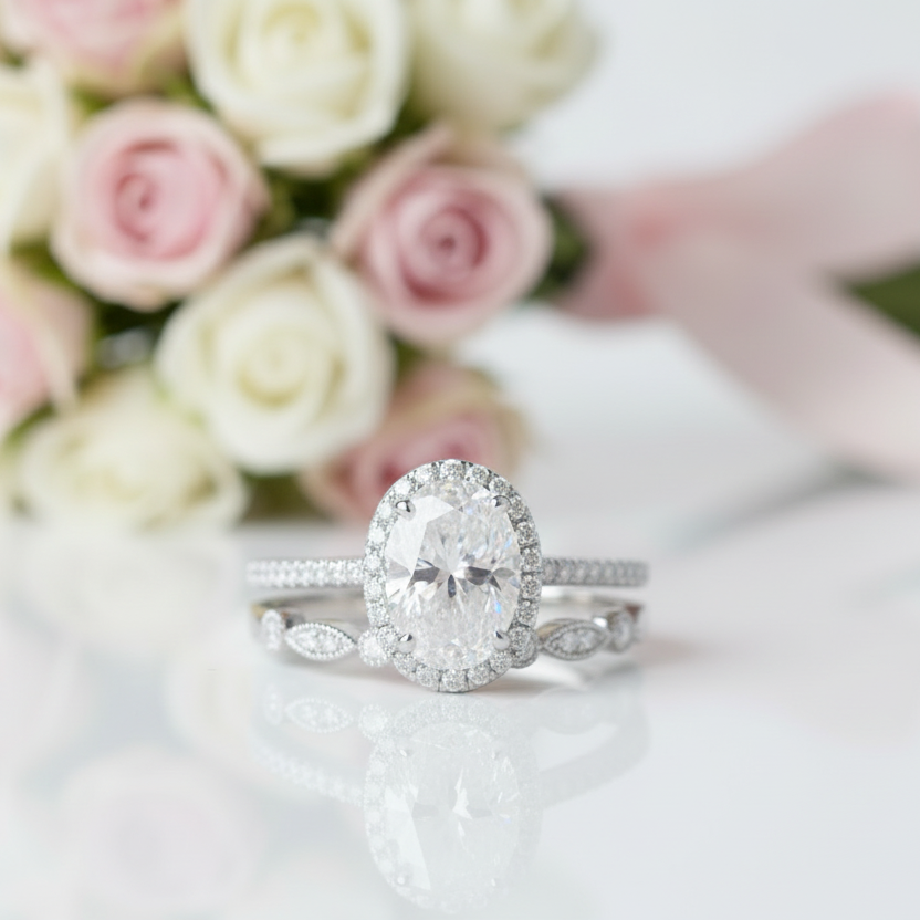 Solid 14K Rose Gold Oval Cut 1.5 Ct Diamond Option Halo Engagement Ring Set-Black Diamonds New York