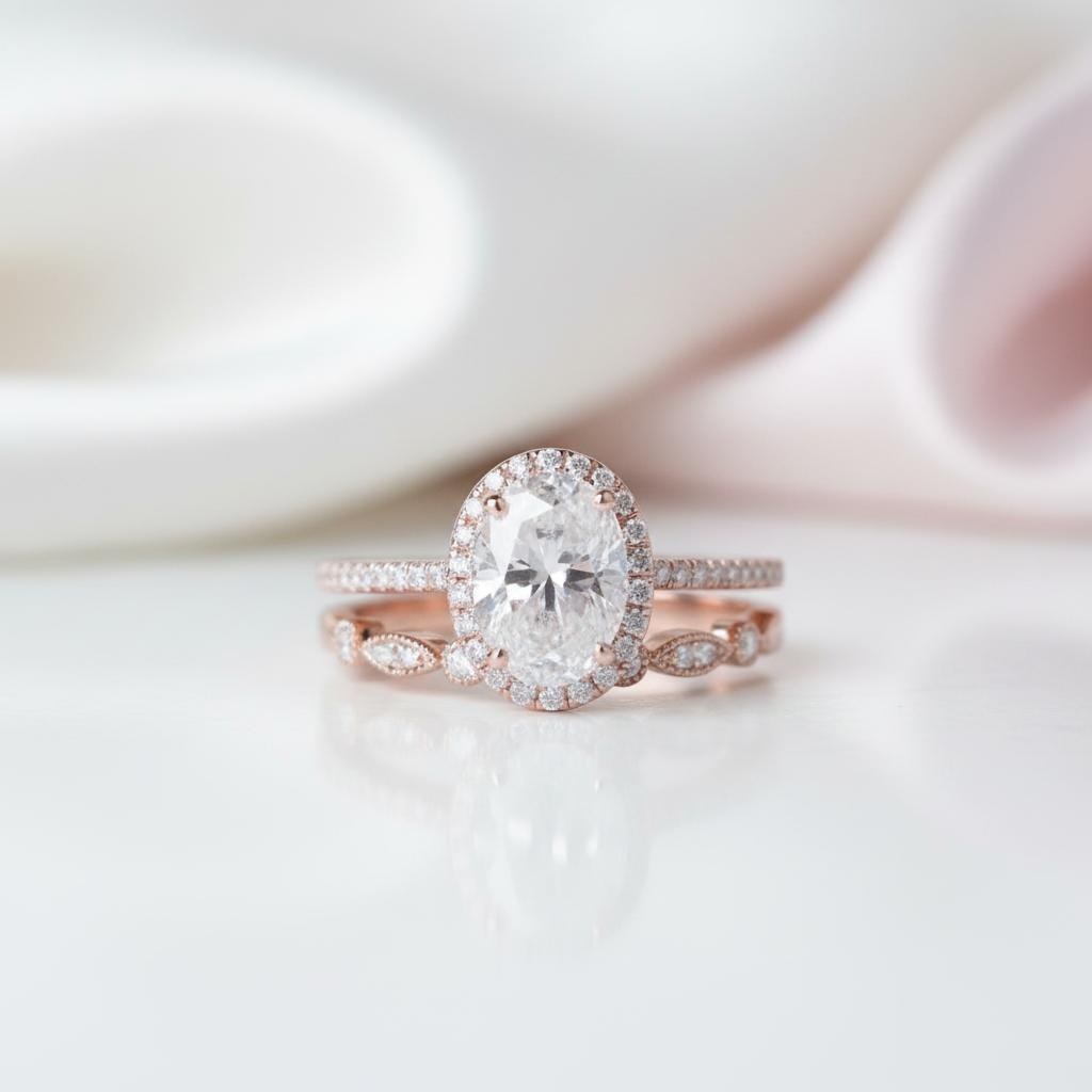 Solid 14K Rose Gold Oval Cut 1.5 Ct Diamond Option Halo Engagement Ring Set-Black Diamonds New York