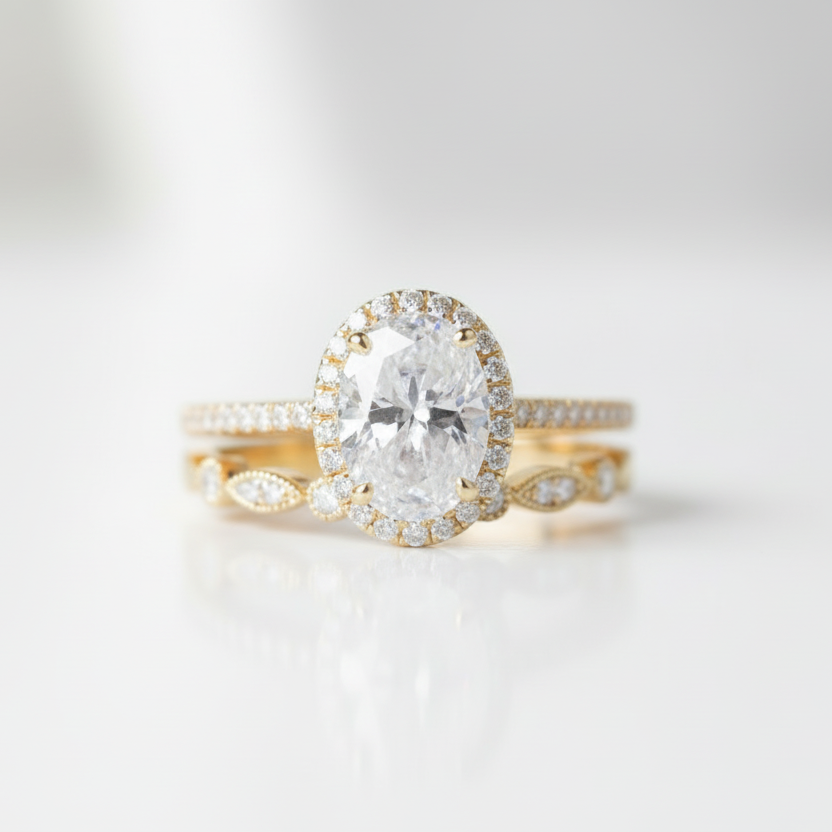 Solid 14K Rose Gold Oval Cut 1.5 Ct Diamond Option Halo Engagement Ring Set-Black Diamonds New York