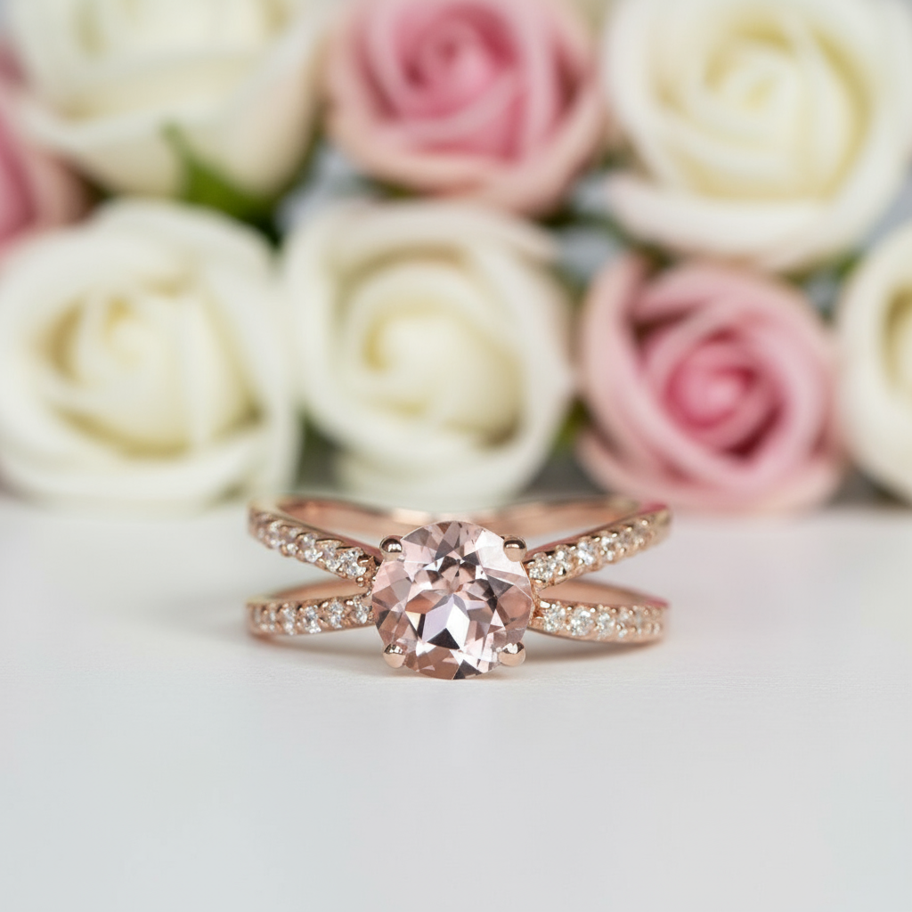 Solid 14k Rose Gold Round Morganite Engagement Ring-Black Diamonds New York