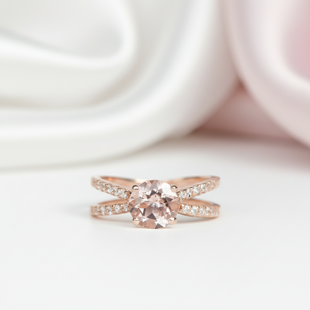 Solid 14k Rose Gold Round Morganite Engagement Ring-Black Diamonds New York