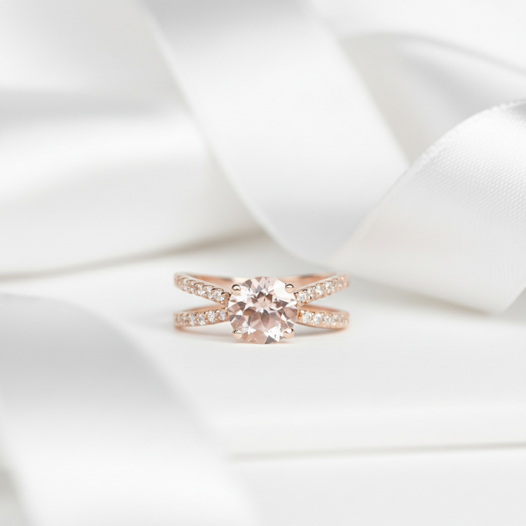 Solid 14k Rose Gold Round Morganite Engagement Ring-Black Diamonds New York