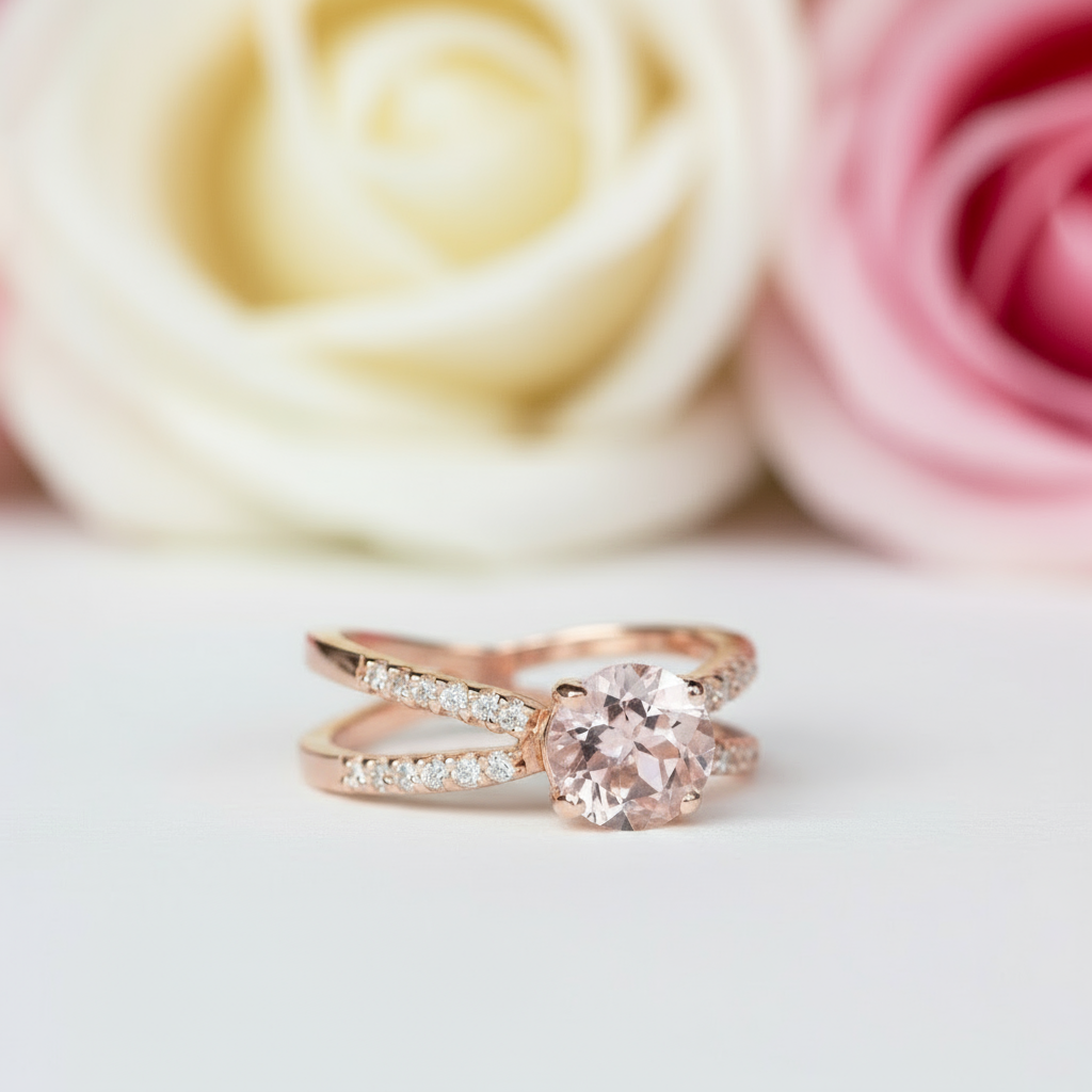 Solid 14k Rose Gold Round Morganite Engagement Ring-Black Diamonds New York