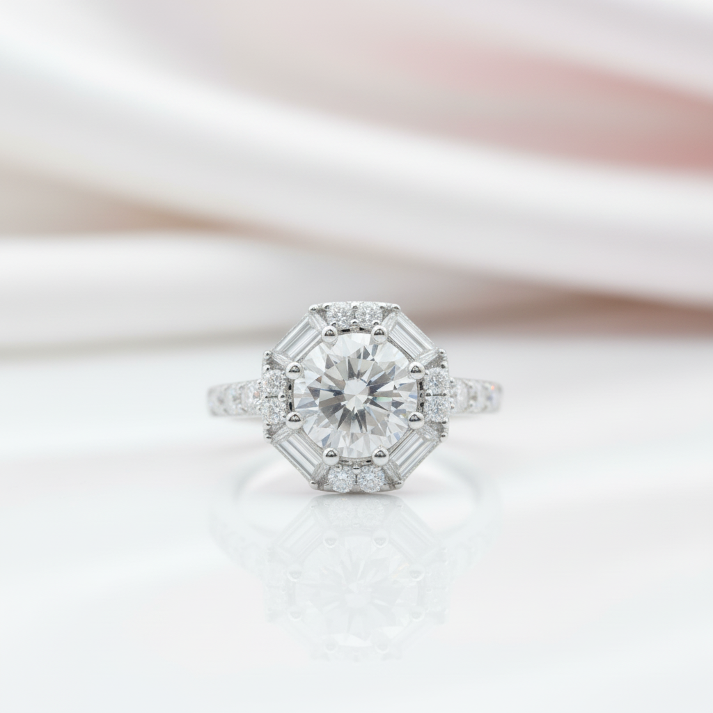 Solid 14k White Gold 1.5ct 7.5mm Diamond Option Halo Engagement Ring-Black Diamonds New York