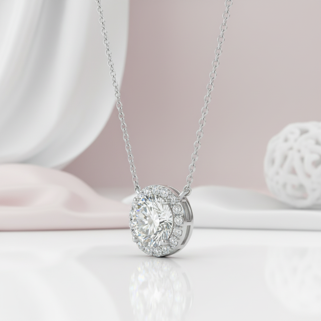 Solid 14k White Gold 1.0 Ct Diamond Option Halo Pedant Necklace-Black Diamonds New York
