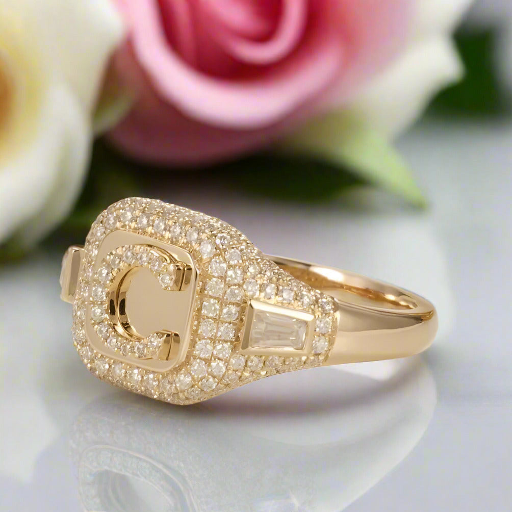 Solid 14k Yellow Gold C Letter Diamond Women's Engagement Ring-Black Diamonds New York