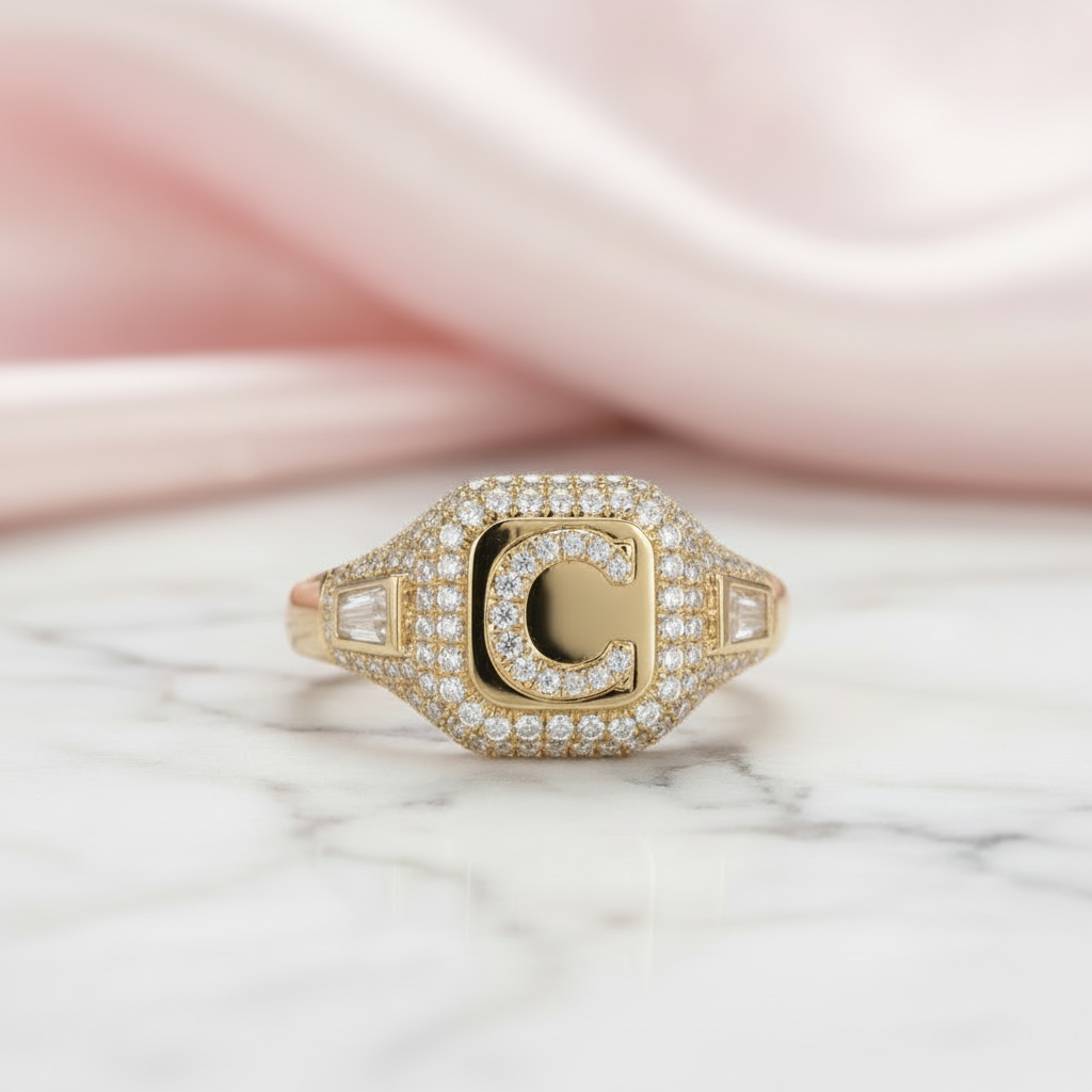Solid 14k Yellow Gold C Letter Diamond Option Women's Engagement Ring-Black Diamonds New York