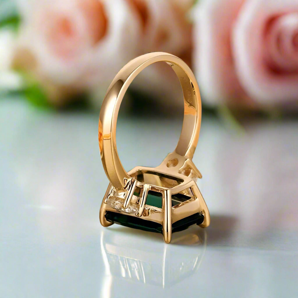 Solid 14K Yellow Gold Emerald Cut Engagement Ring with Diamond-Black Diamonds New York