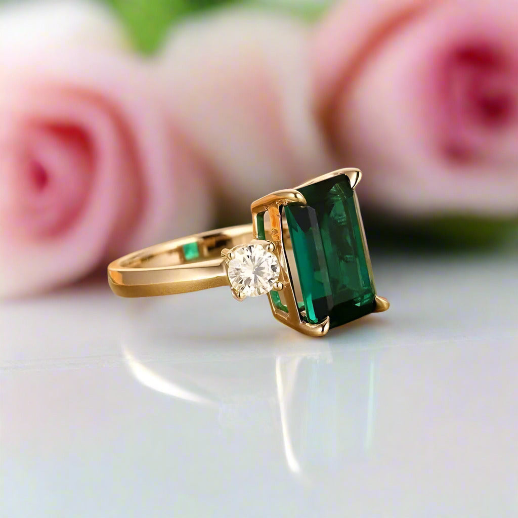 Solid 14K Yellow Gold Emerald Cut Engagement Ring with Diamond-Black Diamonds New York