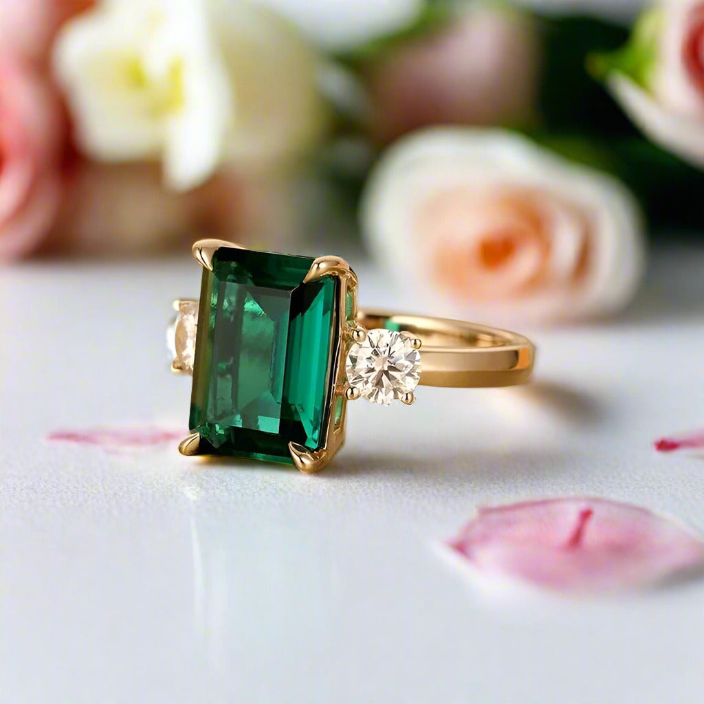 Solid 14K Yellow Gold Emerald Cut Engagement Ring with Diamond-Black Diamonds New York