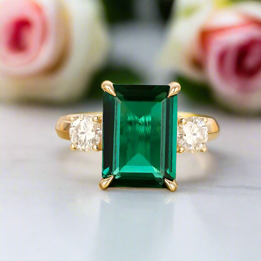 Solid 14K Yellow Gold Emerald Cut Engagement Ring with Diamond-Black Diamonds New York