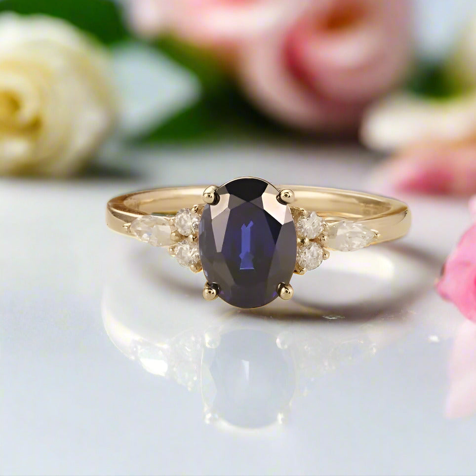 Solid 18k Yellow Gold 2.0 Ctw Oval Sapphire Engagement Ring-Black Diamonds New York