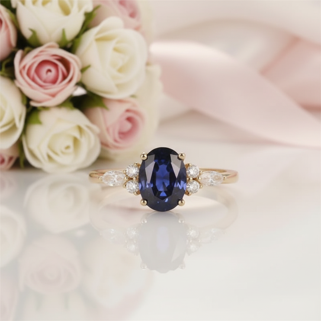 Solid 18k Yellow Gold 2.0 Ctw Oval Sapphire Engagement Ring-Black Diamonds New York